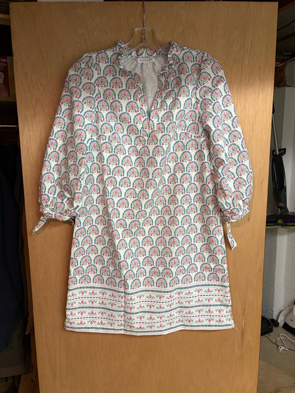 Mary Square XS Women's Printed Tie-Sleeve Tunic Top - Pink & Green